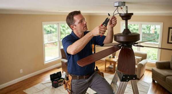 Electrician installing a ceiling fan in a home