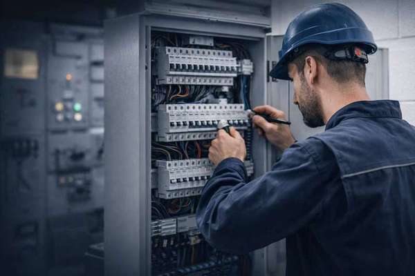 Electrician working on an electrical panel